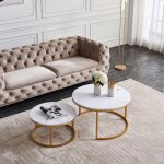 Tanant - lot de 2 tables basses gigognes rondes modernes 80 / 40 cm - plateau motif marbre blanc, structure ...