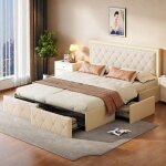 Tanant - lit double avec tiroirs 140x200 cm, lit capitonn� avec 4 tiroirs, t�te de lit rivet�e avec �clairage ...