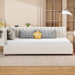 Tanant - lit gigogne capitonn� 90x200cm, canap� - lit, sommier � lattes, lit simple, velours, beige