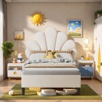 Tanant - lit simple capitonn� 90x200 cm - tissu velours, t�te de lit forme p�tale, sommier � lattes, ...