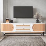Tanant - meuble tv 170 cm, meuble tv d�cor rotin, avec 2 tiroirs et 2 portes, 4 pieds en bois, grand ...