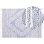 Tapis bleu et blanc en coton et laine 140 x 200 cm fait main bohme  franges ansar