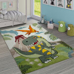 Paco home - tapis chambre enfant adorable dinosaures jungle volcan effet 3 - d poils ras vert 133 cm ...