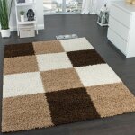 Paco home tapis shaggy poils hauts longs motif � carreaux dans diff�rents coloris 70x250 cm, marron