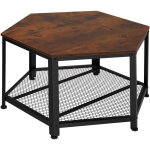 Table basse de salon hexagonal avec �tag�re grillag�e bois fonc�