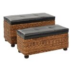 Banquette coffre capitonné jacinthe d'eau et similicuir noir pieds bois massif foncé kiva - lot de 2 Banquette coffre capitonné jacinthe d'eau et similicuir noir pieds bois massif foncé kiva - lot de 2