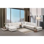 Canap� panoramique tissu beige clair avec �tag�re en bois et grande m�ridienne � droite zabora 374cm