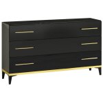 Commode design 3 grands tiroirs bois noir laqu� et m�tal dor� diamanto 120cm