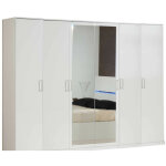 Grande armoire de chambre moderne 6 portes battantes bois blanc laqu et miroir mona 272cm