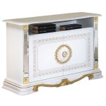 Meuble tv 2 portes 1 niche bois vernis laqu brillant blanc et dor lesly 106cm