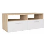 Meuble tv 2 portes 2 niches bois ch�ne clair et blanc chickie l95xh36xp35