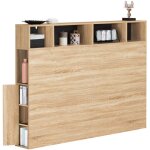 Tête de lit sur pied cleo 145 cm avec rangements fermés et niches façon hêtre et noir Tête de lit sur pied cleo 145 cm avec rangements fermés et niches façon hêtre et noir