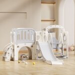 Toboggan 7 en 1 pour enfants avec balanoire, panier de basket, escalier, jeu de perage, etc, blanc ...