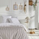 Parure de lit 240x260 cm en coton 57 fils ? motif classique blanc gris ? housse de couette et 2 taies ...