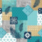 Toile cire au mtre - largeur 140 cm - motifs graphiques et feuillages bleus - bleu