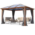 Tonnelle de jardin 3x4 m aspect ch�ne, toit env. 8mm polycarbonate, 4 parois lat�rales gris