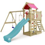 Wickey - tour de jeux en bois multiflyer avec balan�oire et toboggan, tour d'escalade avec bac � sable, ...