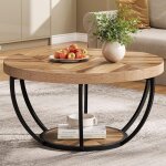 Table basse ronde, table de cocktail industrielle moderne � 2 niveaux avec �tag�res, table d'appoint ...