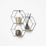 Vivol - triple tagre murale hexagonale en mtal avec 3 tablettes en bois - 40, 5x41 cm - noir