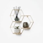 Vivol - triple tagre murale hexagonale en mtal avec 3 tablettes en bois - 40, 5x41 cm - or