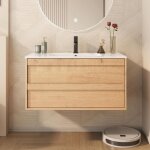 Uev - meuble sous lavabo suspendu 90cm, meuble salle de bain avec lavabo en c�ramique, deux tiroirs avec ...