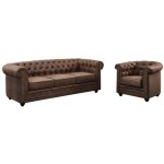 Vente - unique - canap 3 places et fauteuil chesterfield en microfibre aspect cuir vieilli