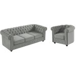 Vente - unique - canap� 3 places et fauteuil chesterfield - velours gris clair