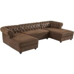 Canapé d'angle panoramique en microfibre aspect cuir vieilli chesterfield Canapé d'angle panoramique en microfibre aspect cuir vieilli chesterfield