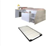 Lit avec bureau et rangements - 90 x 190 / 200 cm - blanc et naturel + sommier - gisele