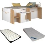 Vente - unique - lit combin� 90 x 200 cm avec bureau et rangements - coloris : blanc et naturel + sommier ...