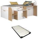 Vente - unique - lit combin� 90 x 200 cm avec bureau et rangements - coloris : blanc et naturel + sommier ...
