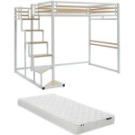 Vente - unique - lit mezzanine 140 x 200 cm - m�tal et mdf - blanc + matelas - jogui