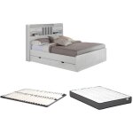 Vente - unique - lit avec rangements 140 x 190 cm - pin - blanc + sommier + matelas - mederick