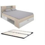 Vente - unique - lit avec t�te de lit rangements et tiroirs - 160 x 200 cm - coloris : naturel et blanc ...