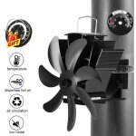 Ventilateur de pole  7 lames avec thermometre, ventilateur de chemine noir pour pole  bois  bches, ...
