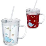 Verre pour enfant en lot de 2, motif de baleine, avec anse, couvercle et paille, 400 ml gradué, transparent ... Verre pour enfant en lot de 2, motif de baleine, avec anse, couvercle et paille, 400 ml gradué, transparent ...