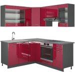 Vicco - cuisine en angle fame - line, bordeaux haute brillance / anthracite, 160 x 60 cm sans plan de ...