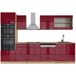 Vicco - cuisine r - line, bordeaux brillant / ch�ne dor�, 300 cm avec armoire haute, sans plan de travail ...