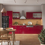 Vicco - cuisine r - line, bordeaux brillant / ch�ne dor�, 350 cm avec armoire haute, sans plan de travail ...