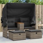 Canap� de jardin 2 places avec auvent et tabourets gris rotin