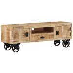 Vidaxl meuble tv avec roues 110x30x37 cm bois de manguier brut