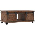 Vidaxl ? table basse fixe en bois de sapin massif 91x51x38 cm marron ? 3 compartiments ? 4 roulettes ...