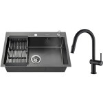 Lonheo - vier cuisine 1 bac 68x45x19cm + robinet de cuisine avec douchette extractible noir mat, vier ...