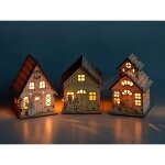 Village de nol lumineux en bois avec lumires led, ensemble de 3 maisons et personnages.