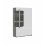 Vitrine 139 cm 2 portes blanc laqu� et ch�ne gris ? syst�me led int�gr� ? 8 niches de rangement ? fabrication ...