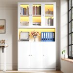 Vitrine / biblioth�que en verre 100x35x200 cm - avec �clairage led - �tag�res ouvertes et 6 portes - ...