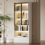 Vitrine haute, avec 1 tiroir, portes en verre, �clairage led, 80 x 34 x 180 cm, blanche, en mdf