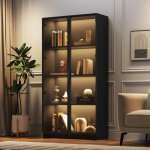 Vitrine avec portes verre, led contr�l�e par application et �tag�res r�glables, moderne, cadres en aluminium, ...