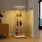 Vitrine en verre de s�curit� tremp� avec �clairage led, porte, 3 �tag�res, cadre en bois, serrures, cl�s, ...
