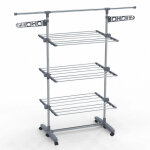 S�choir � linge inox robuste pliable - �tendoir mobile 3 niveaux - ailes pliables - barre t�lescopique ...